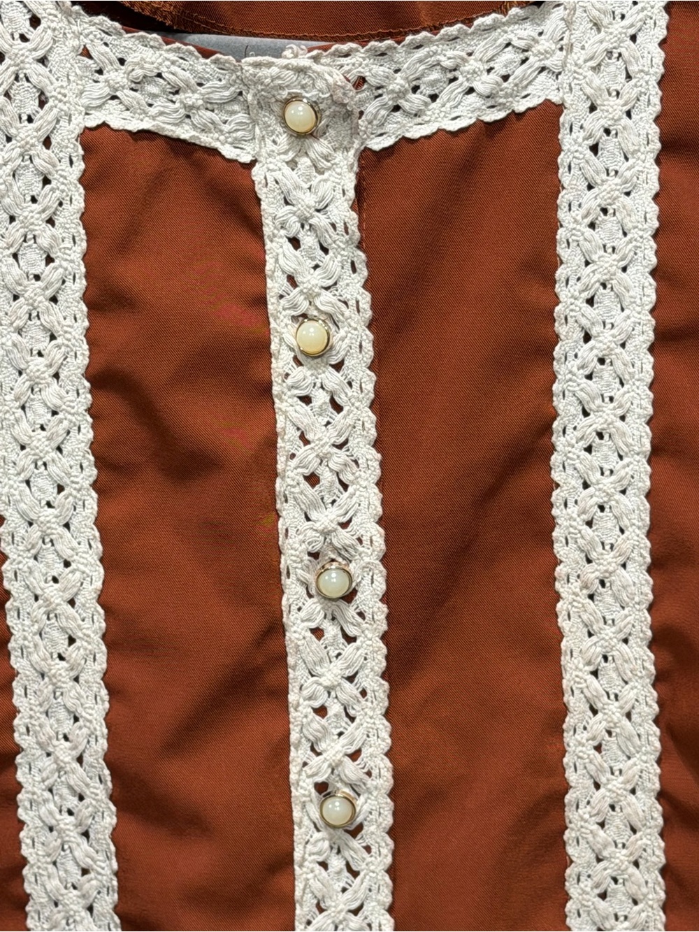 By Malene Beauty Rust Boho Crochet Trim Pearl Button Blouse - Picture 4 of 10